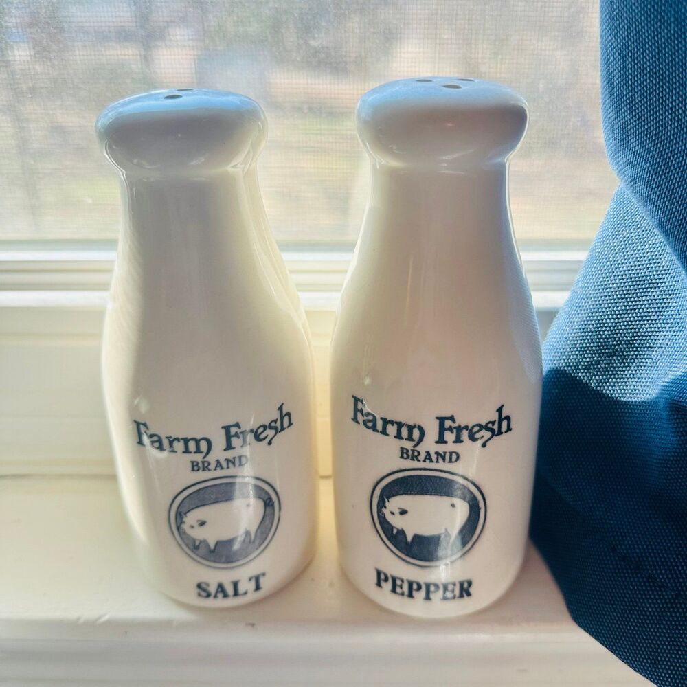 Vintage Farm Fresh Milk Bottle Salt and Pepper Shakers With Pig Design